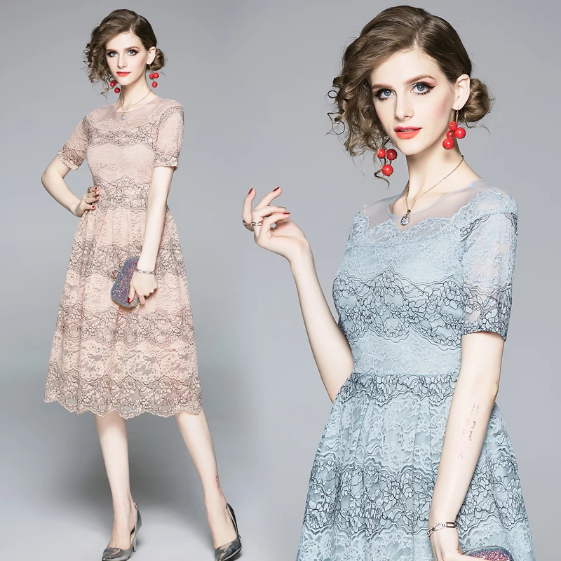 

European Station Summer New Lace Dress Women's New Temperament Hollow-out Slim Medium-length Skirt