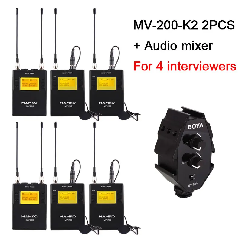 For 4 interviewers MAMKOMV-200 UHF беспроводной микрофон система для камеры iphone Смартфон интервью видео петличный нагрудный микрофон для Canon Nikon DSLR - Цвет: For 4 interviewers