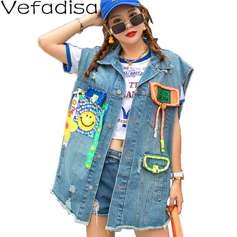 

Vefadisa Fashion Newest Spring Summer Smile Face Denim Vest Women 2021 Sequins Sleeveless Denim Coat Casual Vest Coat QYF5504