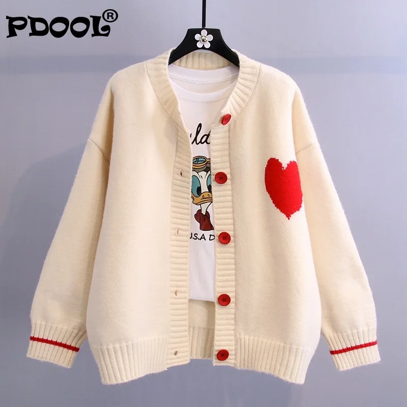 

Женский кардиган с длинным рукавом, однобортный эластичный вязаный свитер в японском стиле с V-образным вырезом и принтом сердечек