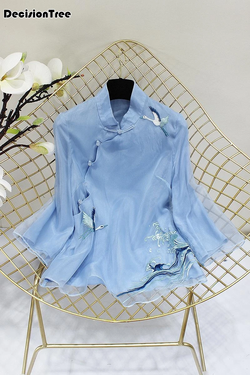 Китайский традиционный топ с цветочным принтом cheongsam, китайская блуза, рубашка qipao с длинным рукавом, китайский Топ для женщин с вышивкой журавля