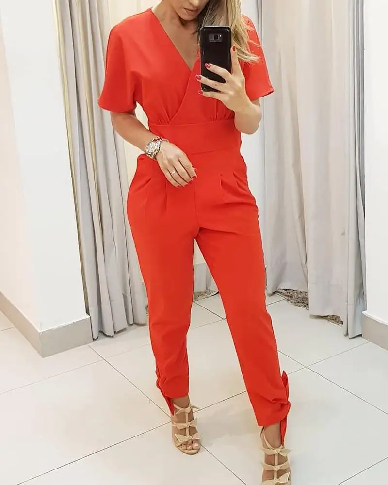 

Женский комбинезон с коротким рукавом и V-образным вырезом, повседневный комбинезон с завязками, модная Домашняя одежда, офисные женские Ко...