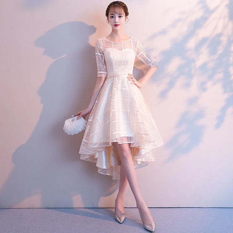 

Women Beige Sweet Mesh Formal Party Dress Short Front Long Back Bridesmaid Dresses Exquisite Elegant O-Neck Banquet Gown