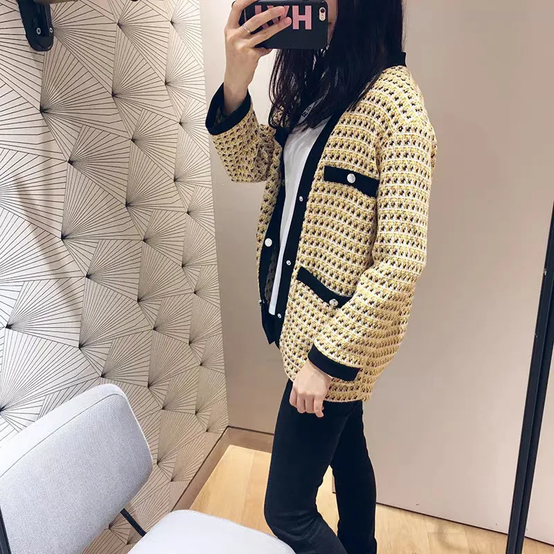 

2020 Autumn And Winter New Color Contrast Stitching All Match Coat Women's Mid Length Small Fragrant Tweed Cardigan Coat C050