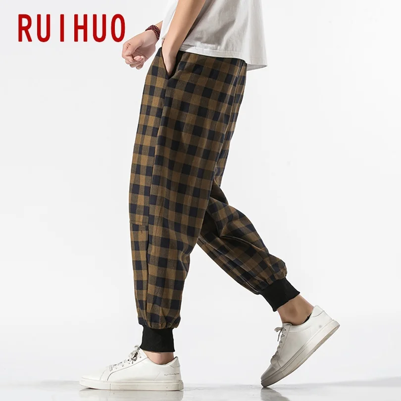 

RUIHUO 2021 New Plaid Harem Pants Men Trousers Casual Joggers Pants Men Ankle-Length Sweatpants Hip Hop Streetwear Male M-5XL
