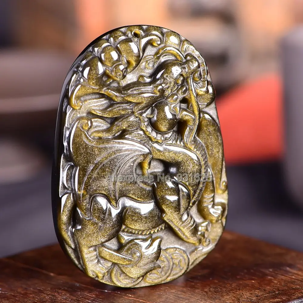 Красивый натуральный золотистый обсидиан ручной резной Летающий килинский