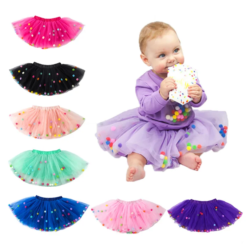 

2021 New Arrival Infant Mulity Colorful Tulle Tutu Skirt Pom Pom Princess Mini Dress Children Clothing Petti skirt Girl Clothes