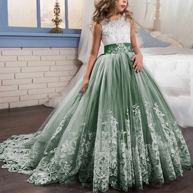 Dark Green Винтажное платье принцессы на свадьбу; платья подружки невесты для детей; платье для первого причастия; праздничное платье для девочек; пышные Длинные платья со шлейфом для девочек - Цвет: Dark Green