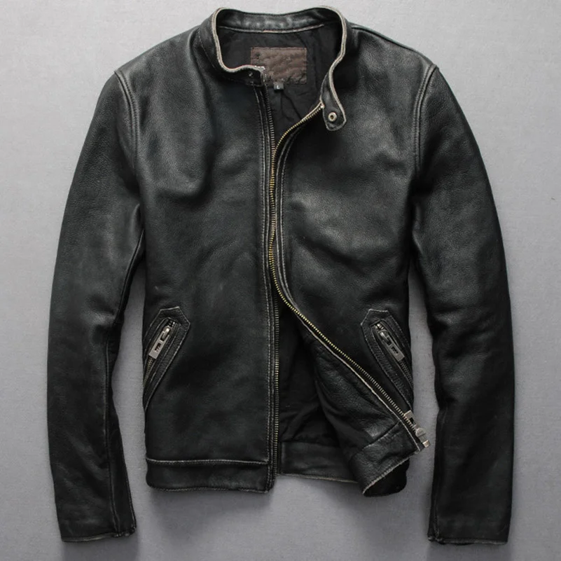 

Vintage men's genuine leather jacket Mandarin collar zipper motorcycle jacket men black cowskin biker jacket male plu size