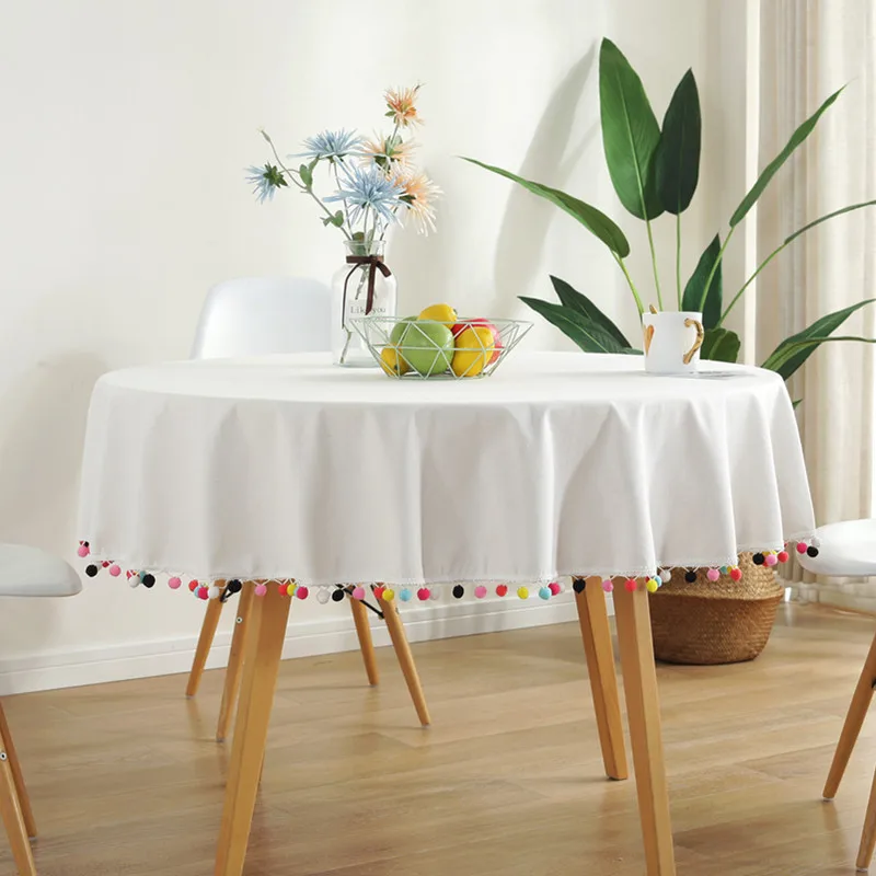 

fuzzy bull tassel Table Cloth Cotton Linen Wrinkle Free Anti-Fading Tablecloths Washable Table Cover for Kitchen Dinning Party