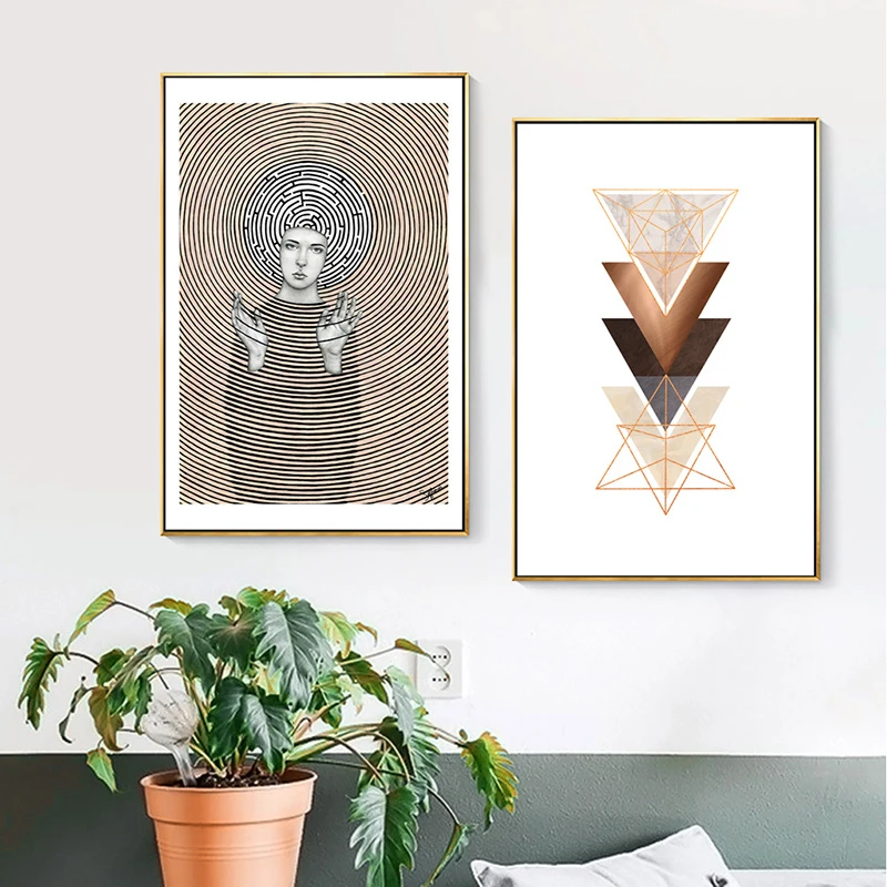 Картина на холсте с геометрическим рисунком девушки в скандинавском стиле