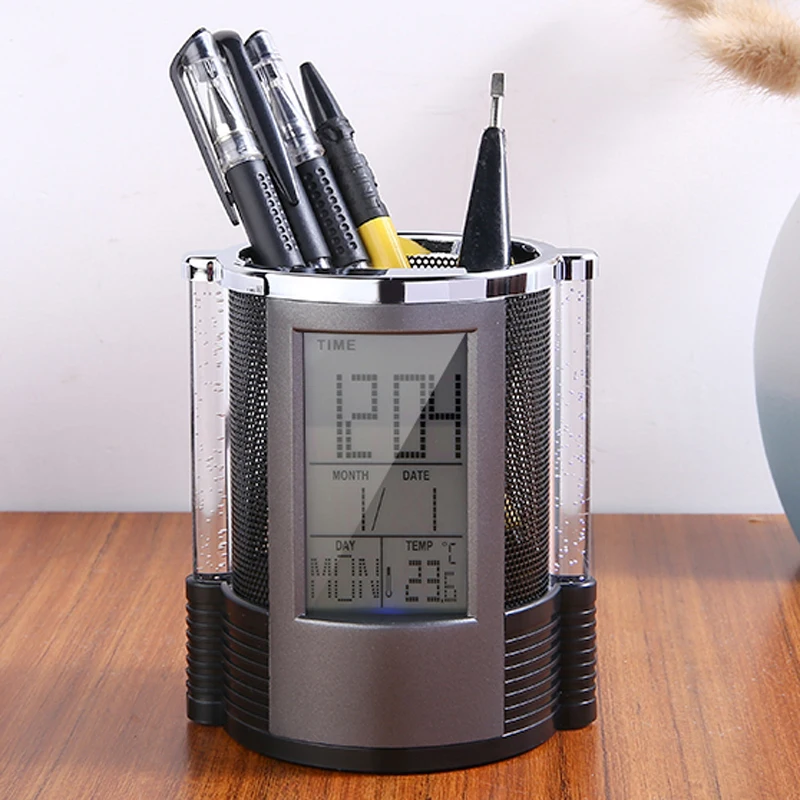 

New Fashion Digital Mesh Pen Pencil Holder with LED Light LCD Desk Alarm Clock Pen Holder Pens Rulers Office Desk Organizer Gift