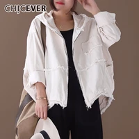 chicever korean denim jacket female hooded long sleeve pockets asymmetric frayed coat women 2020 casual fashion clothes tide