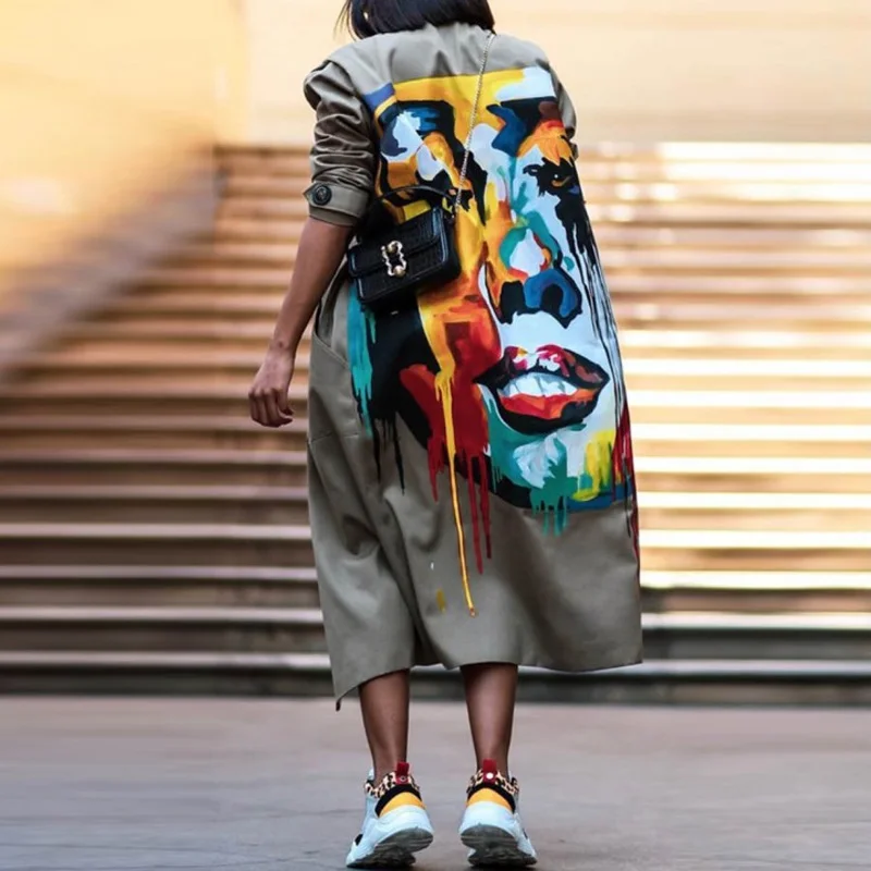 

Осенний топ с отложным воротником на пуговицах, верхняя одежда, зимние свободные куртки с длинным рукавом, женский модный Тренч с принтом в ...