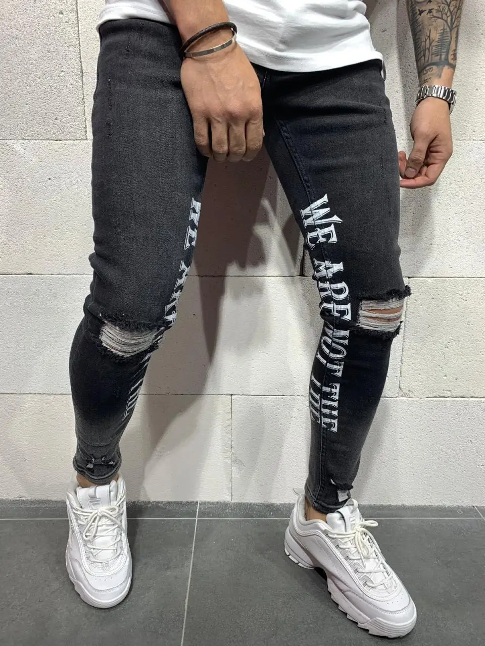 

Black Grinding Words Patched Distressed Slim Fit Jeans Pants