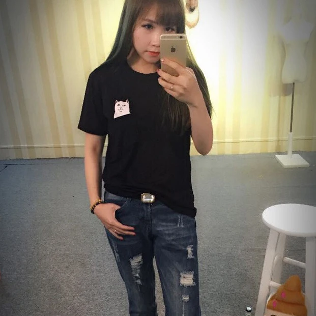 Футболка женская хлопковая с карманами и принтом кота летняя 2019|cute tees|top teesbrand tee |