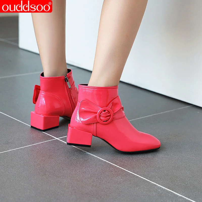 

ODS New Women Ankle Boots Short Boots Fashion Square Toe Autumn Winter Side Zipper With Pu Leather Shoes Black Red And Pink