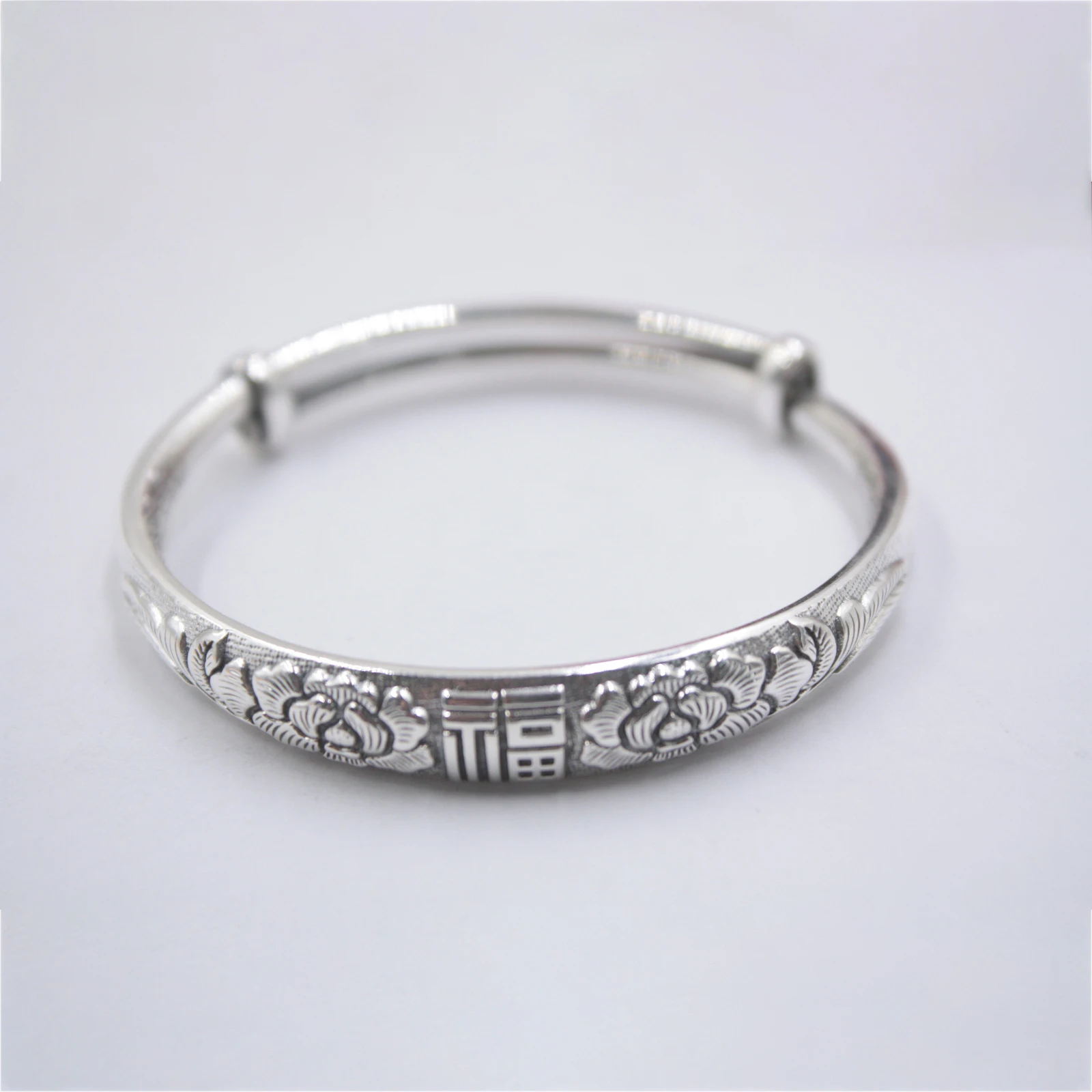 

999 Sterling Silver Bangle Fine Silver Jewelry Luck Flower Pattern Bracelet 56mm 9mmW 35.12g Gift For Women
