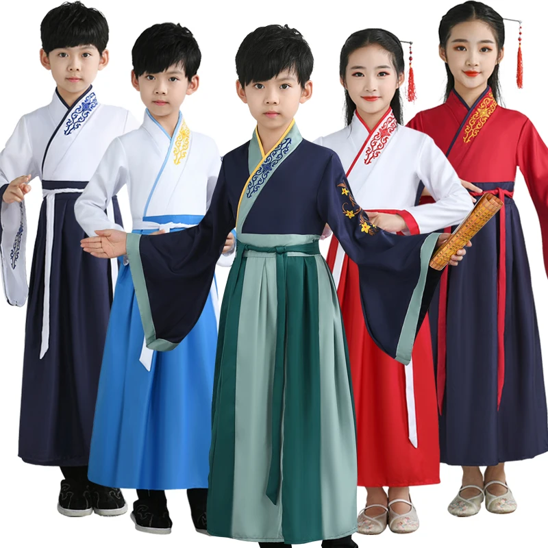 

Китайский старинный традиционный новый комплект одежды для мальчиков и девочек с прямым рукавом для народного танца ханьфу с рисунком плат...