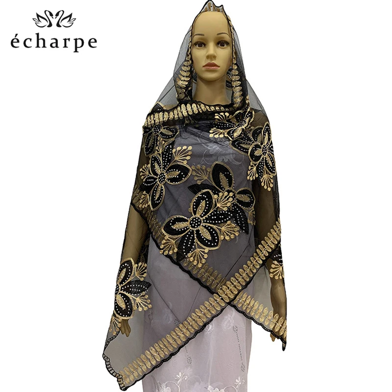 2020 HOT SALE !African women scarf muslim embroidery net hijab for shawls EC306 | Тематическая одежда и униформа
