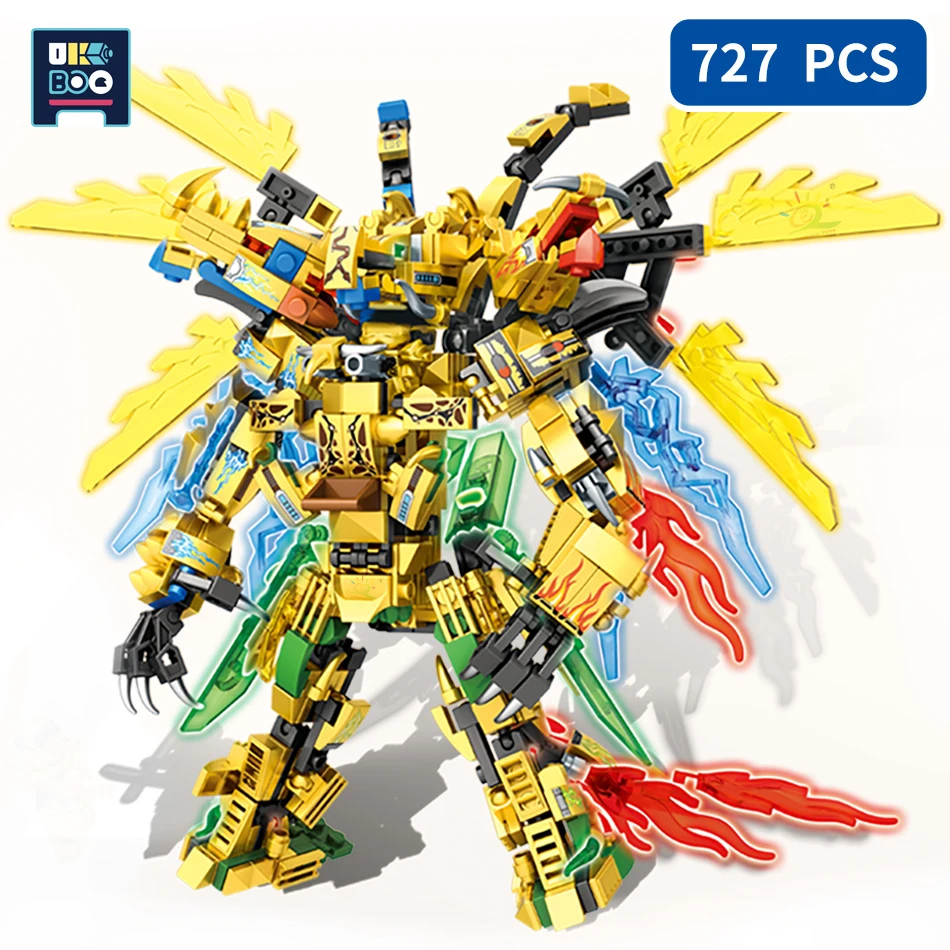 

727pcs 4IN1 Ninja Gold Dragon Knight Mecha Weapon Model Building Blocks City Robot Fight Figures Bricks Toys For Children Gift