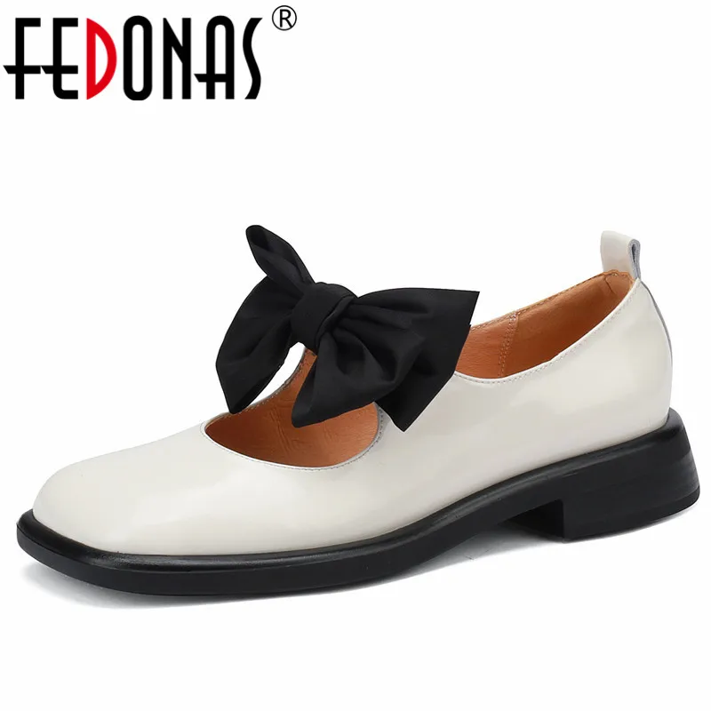 

FEDONAS 2022 Genuine Leather Women Pumps Square Toe Low Heels Sweet Butterfly-Knot Mary Janes Spring Summer Shoes Woman Casual