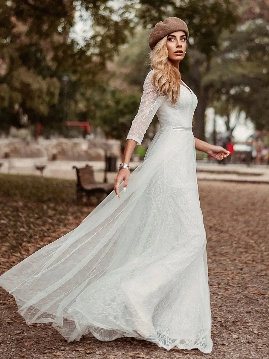 

Women's V-Neck Lace Wholesale Wedding Guest Dresses With 3/4 Sleeve