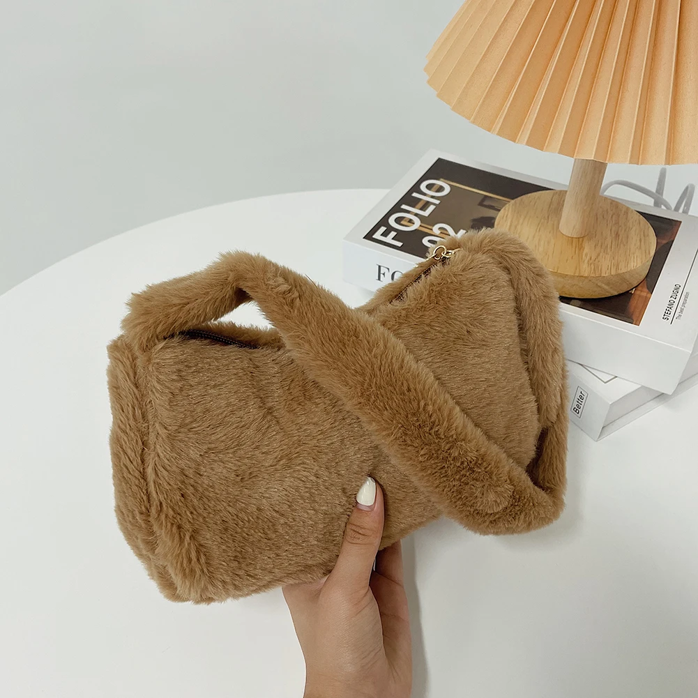 

Vintage Women Plush Solid Color Shoulder Underarm Bag Ladies Casual Autumn Winter Small Purse Handbags