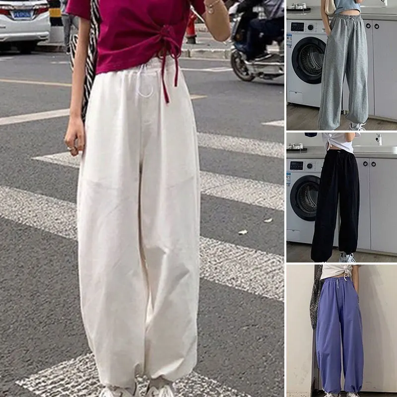

1PCS Women's Thin Pants Solid Color Loose High Waist Drape Drawstring Wide Leg Lantern Casual Sports Pants S21