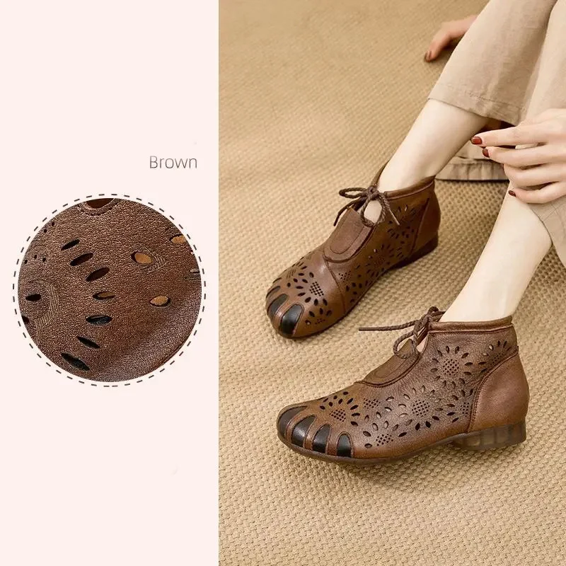 

High top shoes ladies summer Hole breathable flats genuine leather rome womens casual leisure shoes