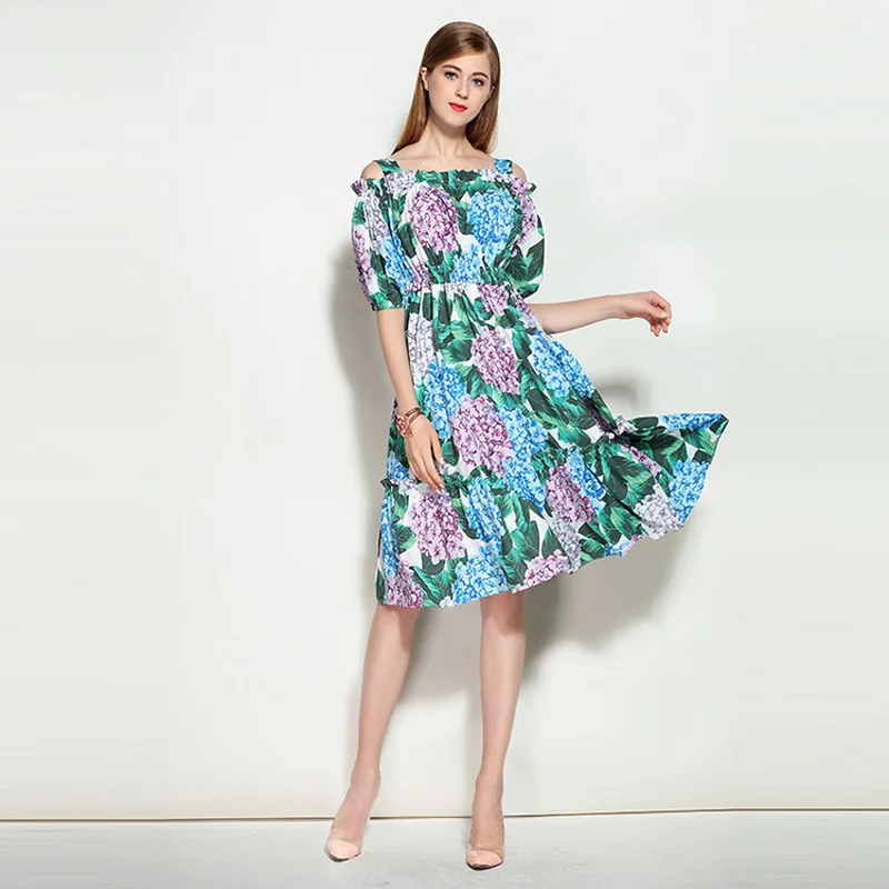 

Europe Fashion Plus Size Summer Newest Cotton Spaghetti Strap Slash Neck Half Sleeve Hydrangea Print Cute Above Knee Dress Women
