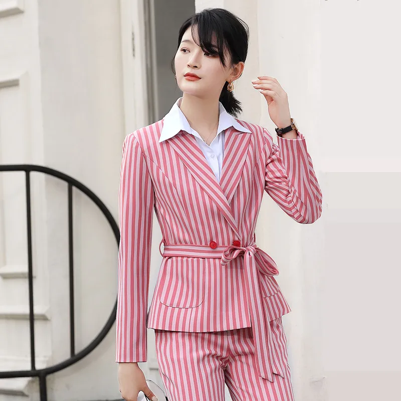 Pink striped blazer Dushicolorful Женский блейзер с поясом зубчатый длинный рукав корейская мода полосатая Женская куртка осенний Женский Повседневный костюм верхняя одежда - Цвет: Pink striped blazer