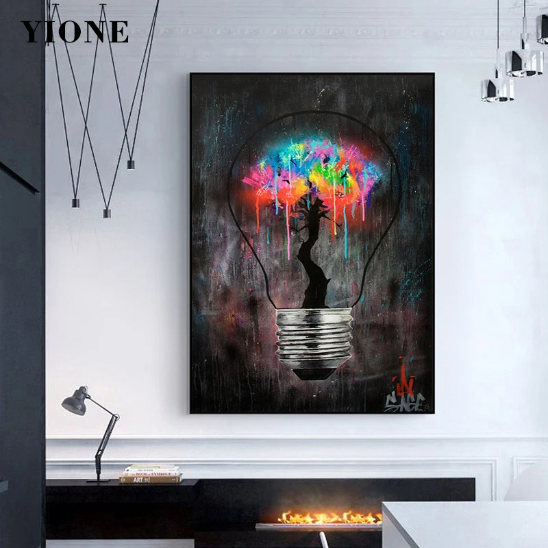 

Colorful Graffiti Light Bulb Canvas Painting Modern Abstract Tree Wick Dark Art Poster Print Wall Picture Living Room Decoration