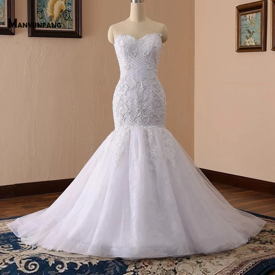 

Real Photo Embroidery Appliques Tulle Chapel Train Mermaid Wedding Dress High-End Custom Made Strapless Lace Up Back Bridal Gown
