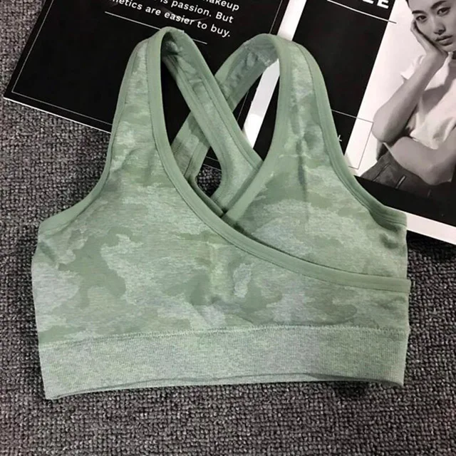 Green Bra SALSPOR Camo Seamless Yoga Set Women Shark Fitness Clothing Camo Leggings+ High Impact Sport Bra 2 Pcs Gym Sportswear Tracksuit - Цвет: Green Bra