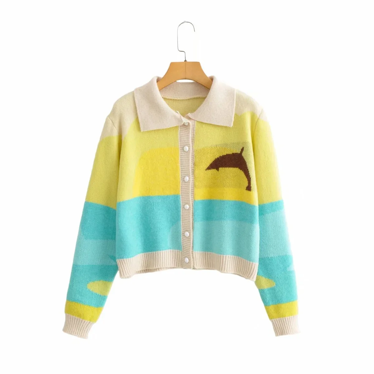 

Fashion Blogger Cardigan Dolphin Print Vintage Splicing Y2k Sweater Women Long Sleeve Short Knitted Jacket lapel Tops Winter