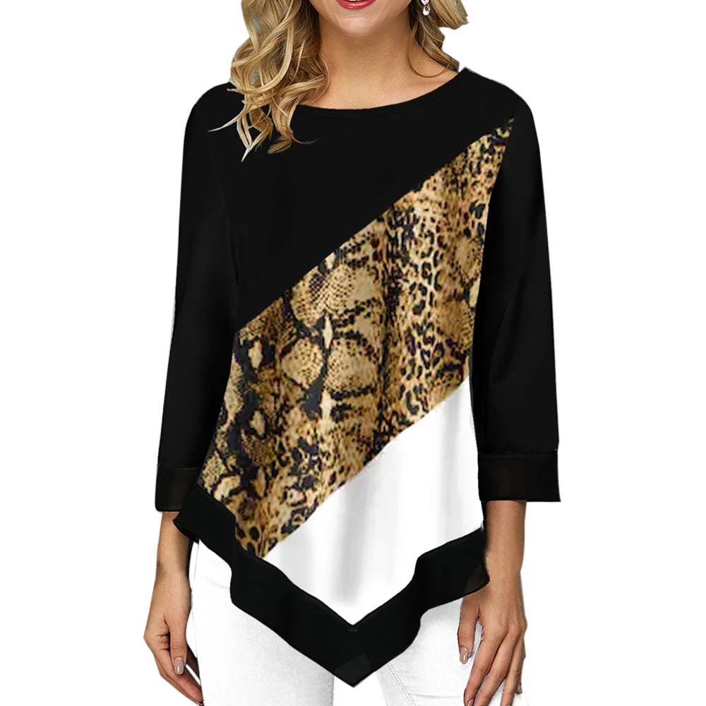Leopard B LASPERAL Новое поступление Женская модная футболка с круглым вырезом и длинными рукавами женская футболка с принтом и неровным подолом Туника повседневные топы - Цвет: Leopard B