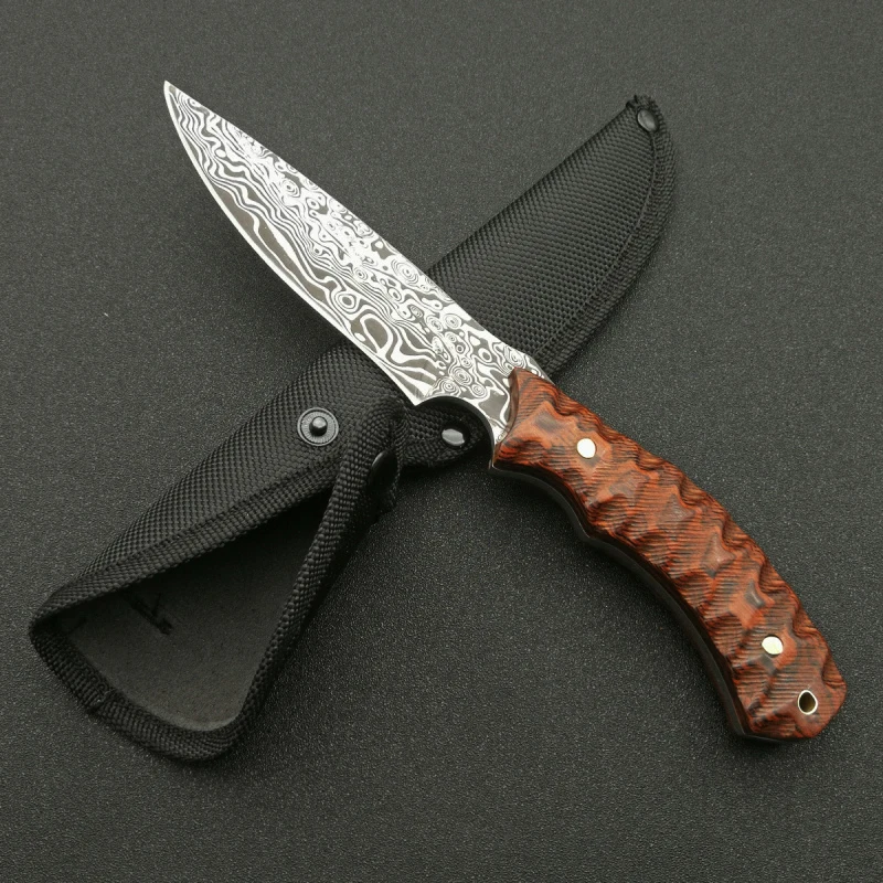 Нож DuoClang для активного отдыха с лезвием из стали Дамаск 440С и рукояткой из микарты, фиксированным лезвием для выживания в дикой природе с кожаным чехлом.