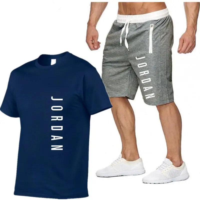 

2021Summer Men's T-shirt Set 2-piece Men's Sportswear Set Basketball Sports Fitness Summer Print Short Sleeve + Shorts Men's Set