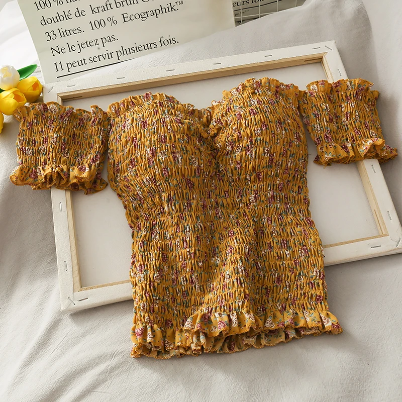 Летний женский топ в стиле ретро с цветочным принтом маленький на одно плечо со