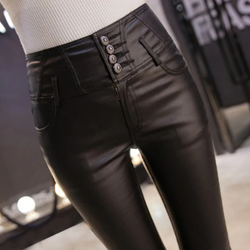 

FAKUNTN Women Pants Skinny Warm Drop shipping Female PU Leather Velvet Trousers Elastic Pencil Skinny pants Women's Tight pants