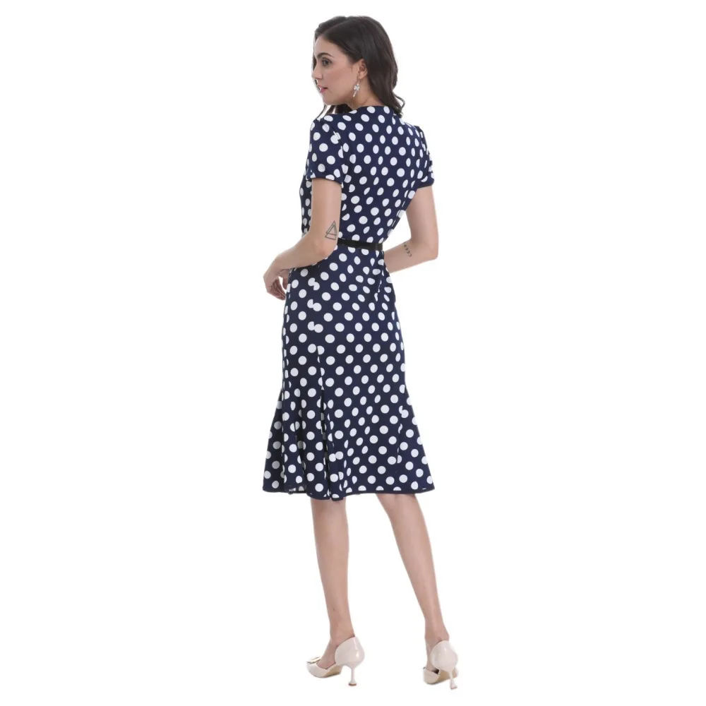 

2021Summer Dot Print Dress Blue Women Fashion Short Sleeve Skinny Medium Long Eleagnt Dress With Belt Party Dressess Office Lady