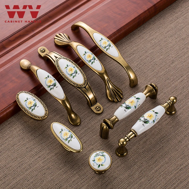 

WV European Green Flower Ceramic Handle Classic Handles Pastoral Cabinet Single Hole Cabinet Classical Pulls Garden Pulls 739