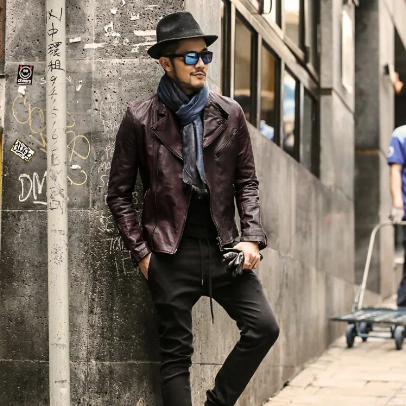 

High Quality Punk Gost Natural Leather Jacket Men Luxury Moto Biker Windproof Genuine Leather Outwear Coat Slim Fit Short Jacket