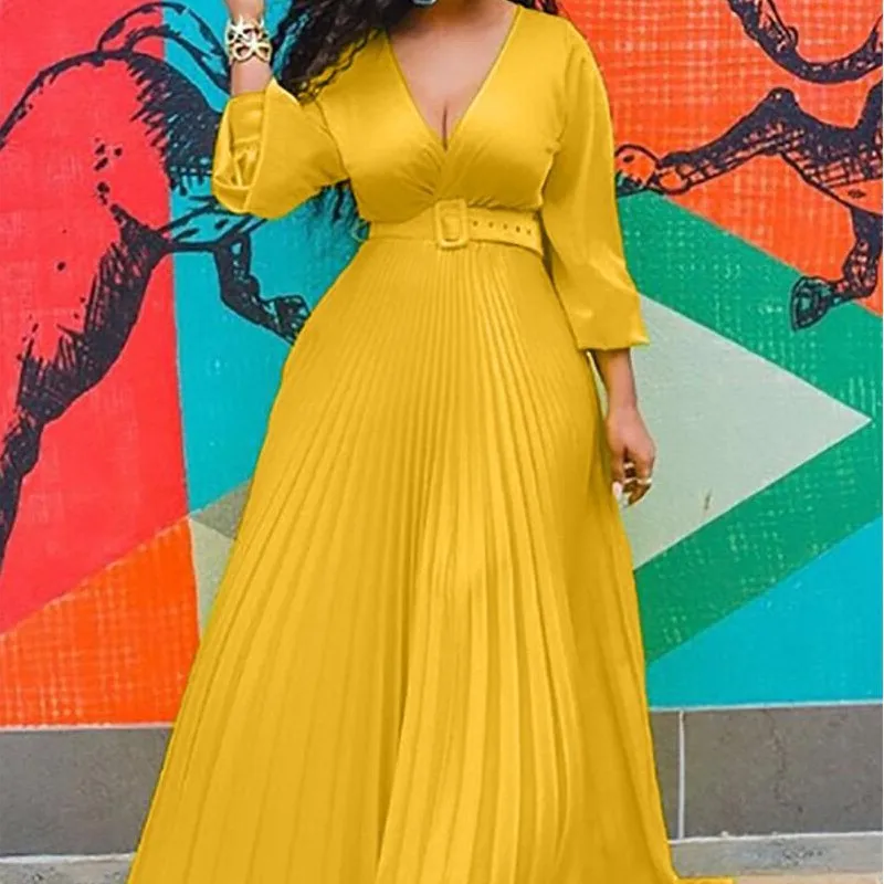 

Solid Color Vintage Chiffon Long Sleeve Maxi Party Pleated Dress High Waist Elegant Chiffon Women Waist Belt Clothing