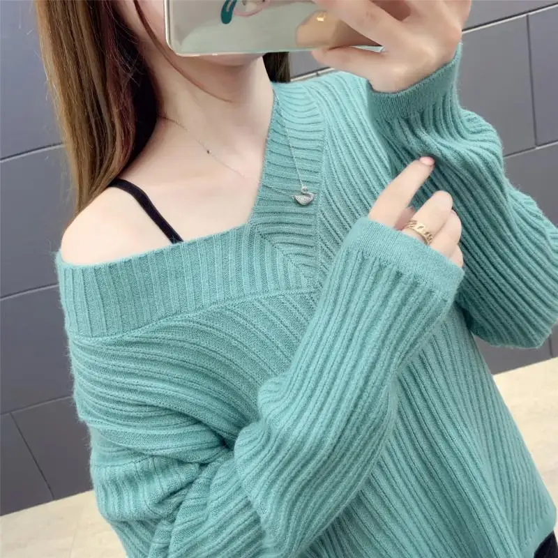 

Sexy V-Neck Knitted Sweater Women 2021 New Autumn Winter Long Sleeve Basic Knitwear Tops Loose Ladies Sweaters and Pullovers