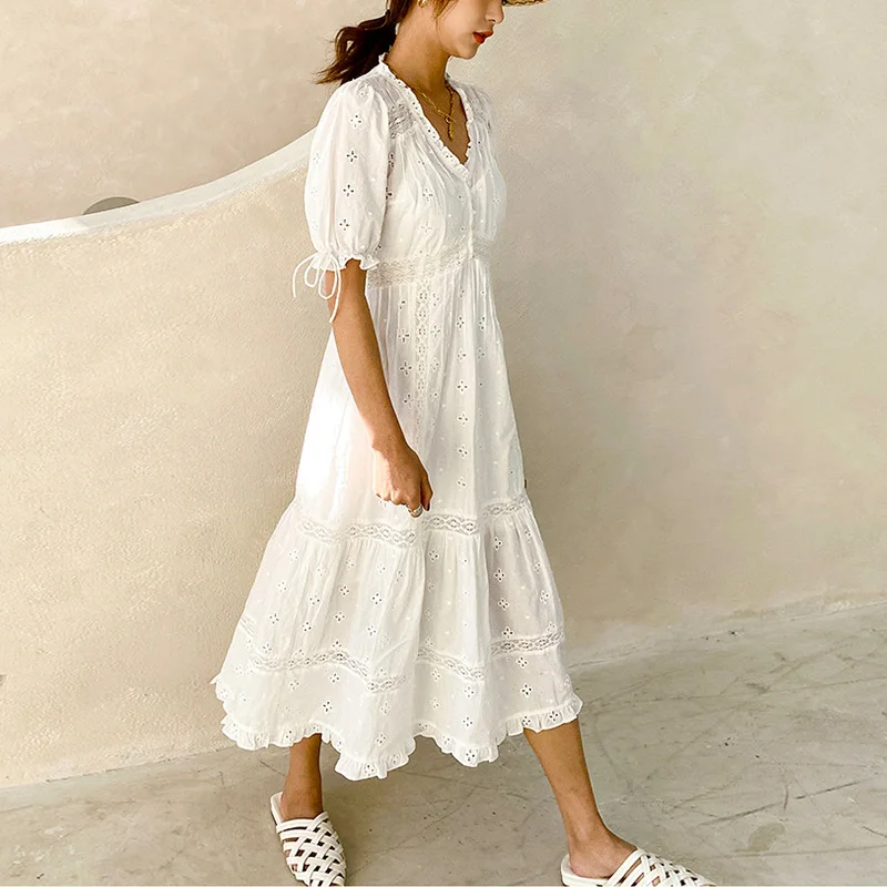 OverSize Tea Length Women Summer Maxi Dress Bohemian Cotton Fashion Gowns Hollow Cut Dress  DZA473