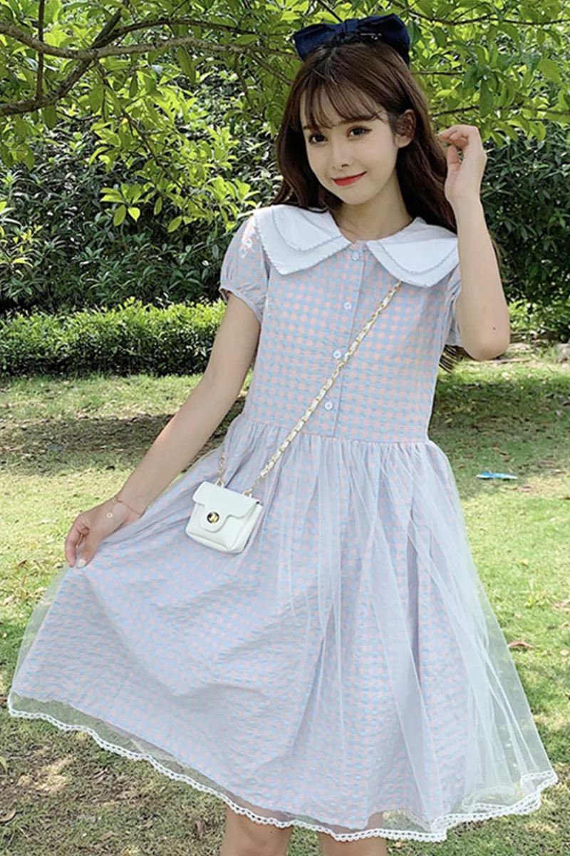 

Korean Style Doll Collar Western Style Loose Slim Dress Fashion 2020 Summer New Style Plaid French Non-Mainstream Dress Women