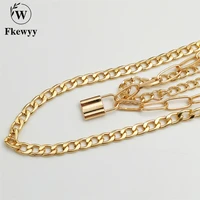 fkewyy luxury necklace for women gothic accessories punk designer jewelry lock gold plated fashion jewelry chain necklace lady