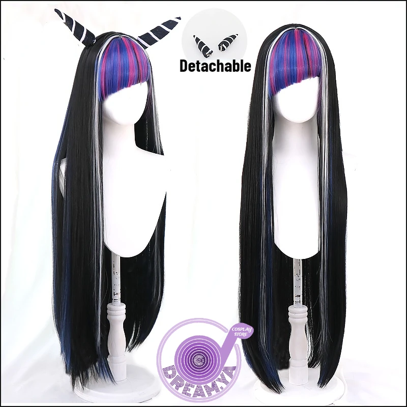 

Mioda Ibuki Cosplay Wig Danganronpa Long Straight Black Mixed 110cm Dangan Ronpa Heat Resistant Hair Halloween Party + Wig Cap